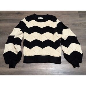 Cleobella Black Cream Chevron Scallop Knit Sweater Balloon Sleeve XS Boho Chunky